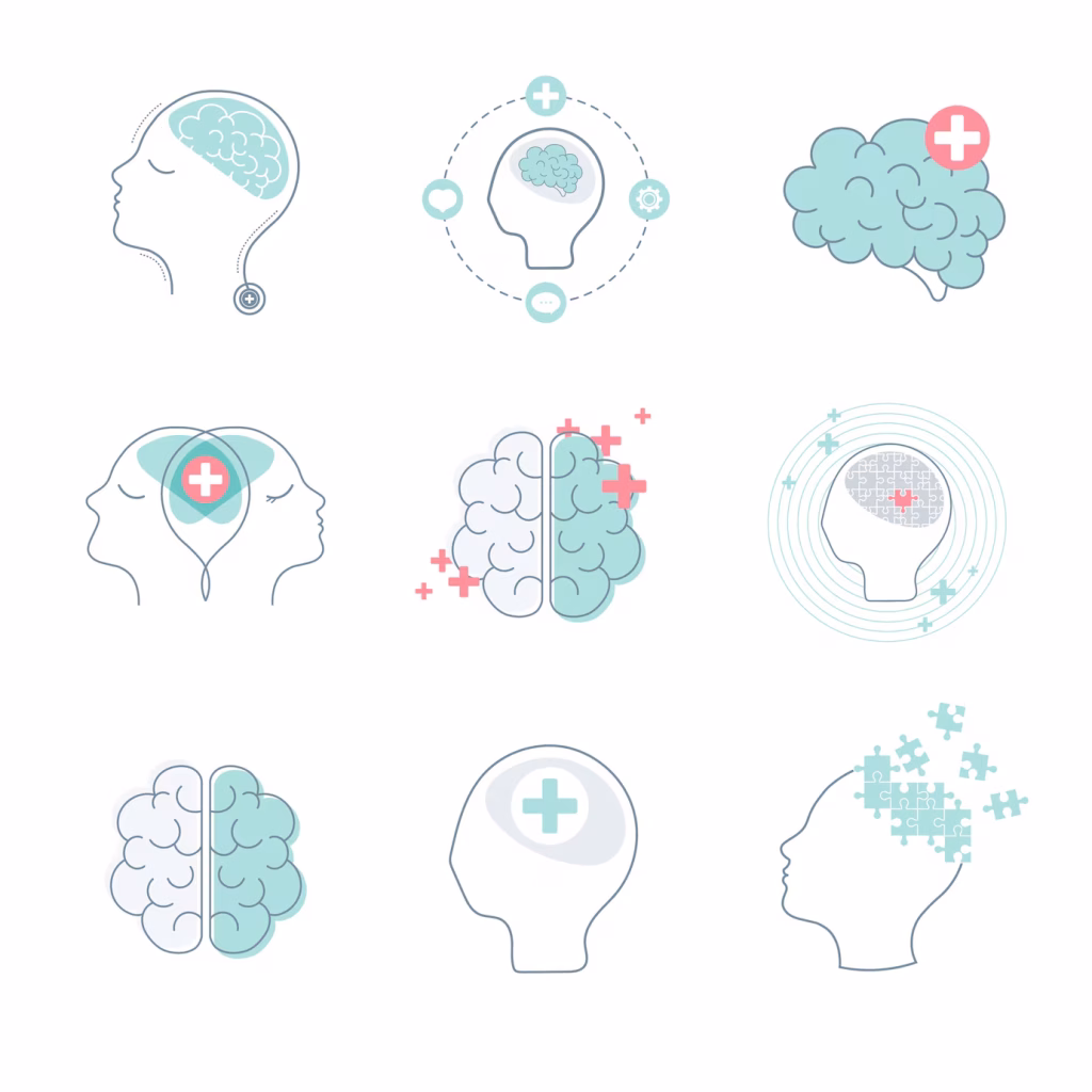 cerebro salud mental iconos conjunto vectores