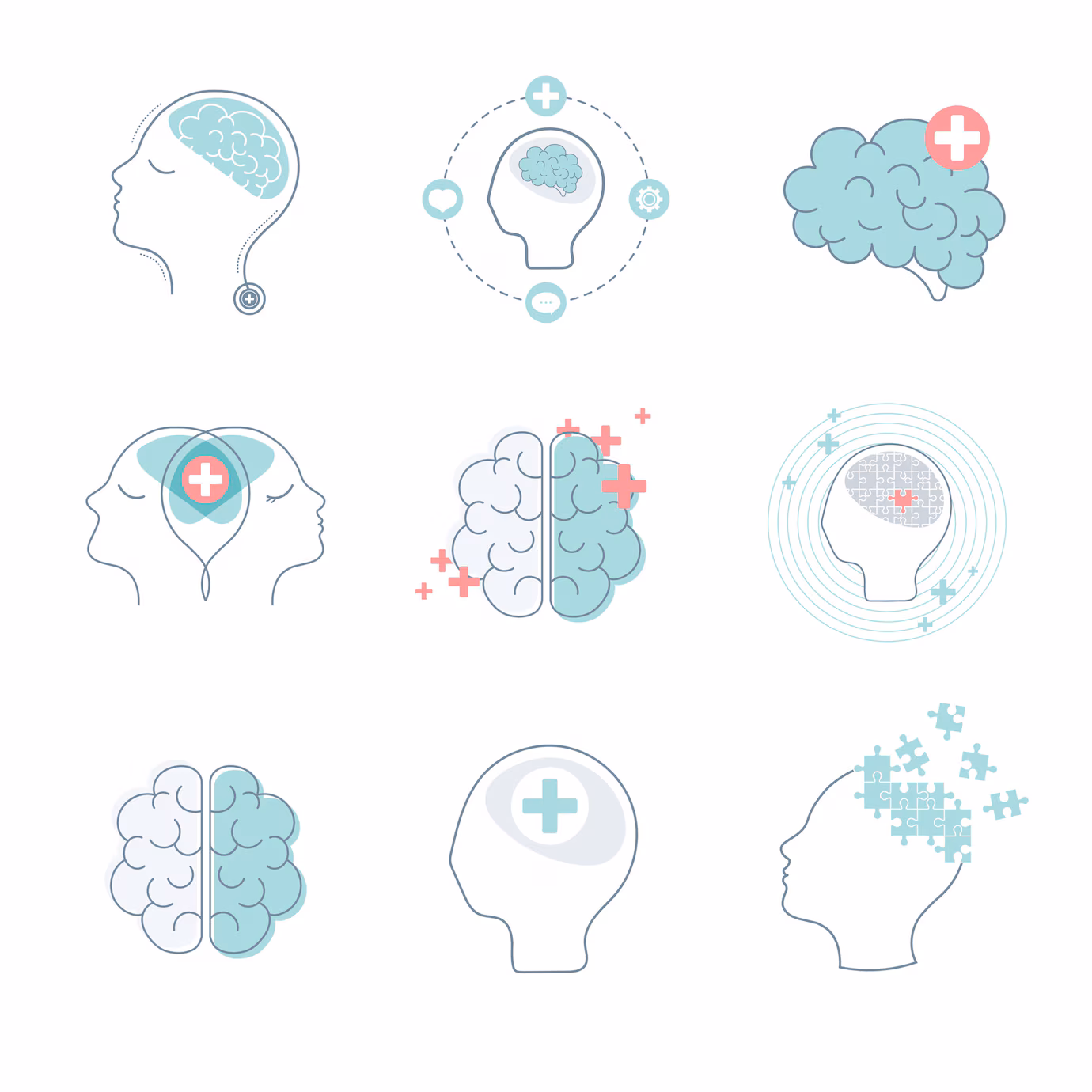 cerebro salud mental iconos conjunto vectores